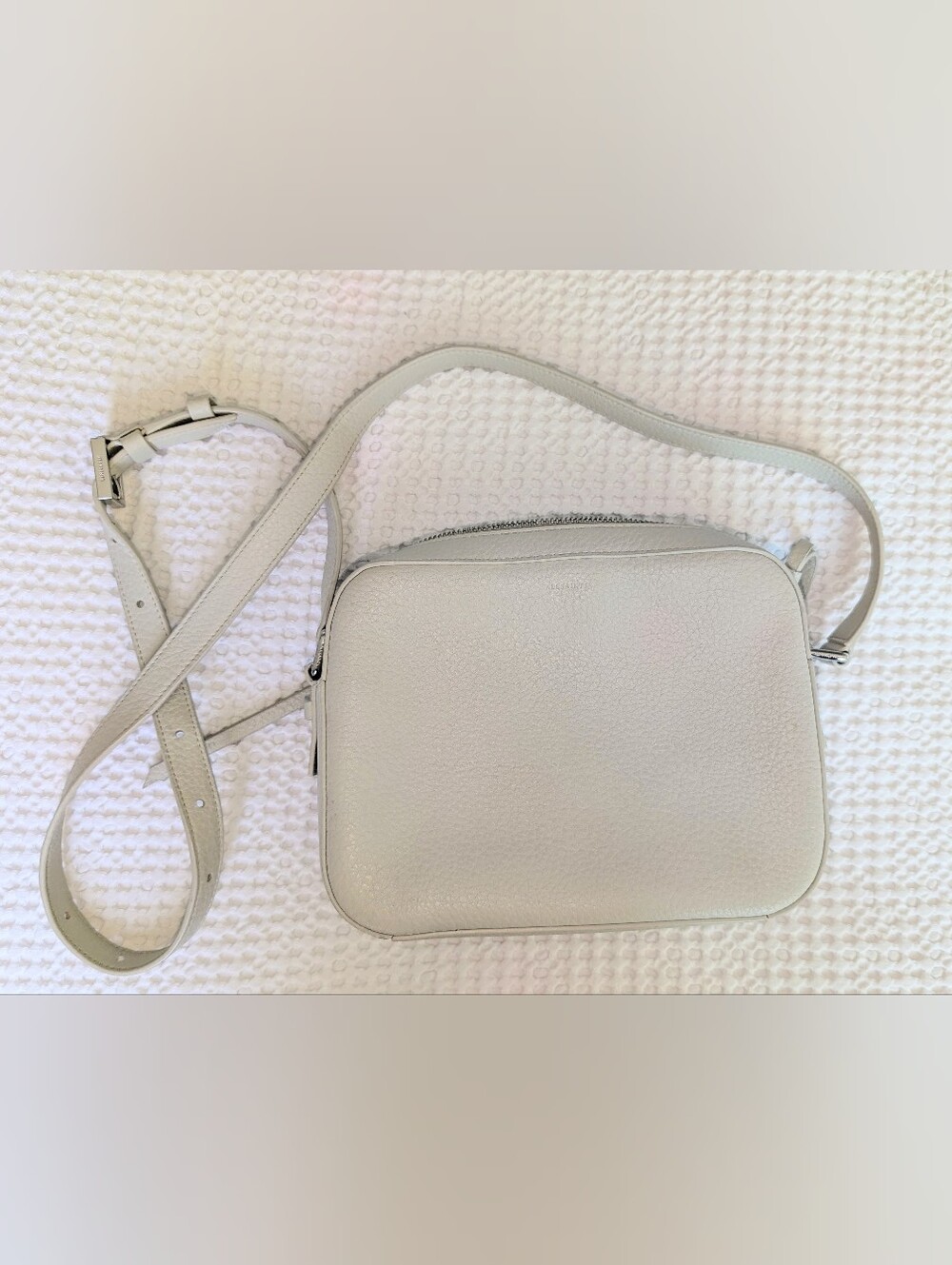 ALLSAINTS Chalk Bone Pebbled Leather Camera Crossbody Bag Tassel Purse